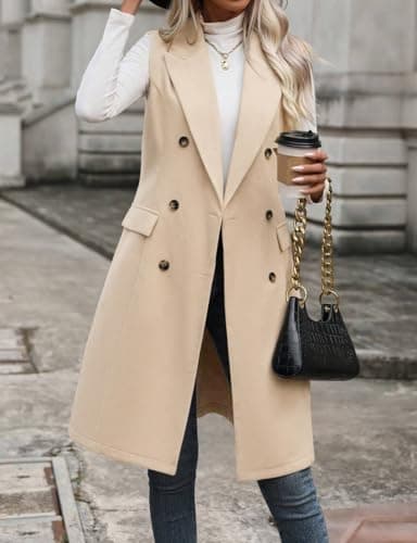 IDEALSANXUN Women's Long Wool Sleeveless Blazer Vest Trench Coat Outerwear