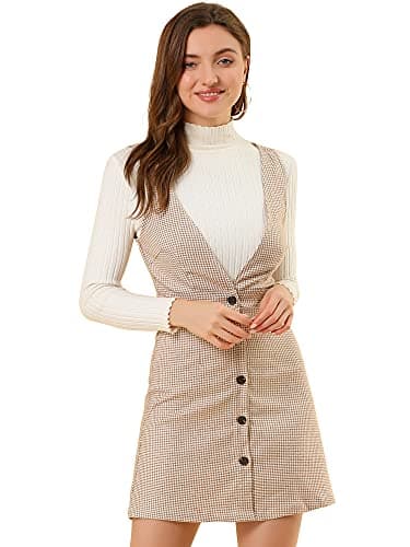 Women's Halloween Plaid Houndstooth Overalls Dress — Brown White
