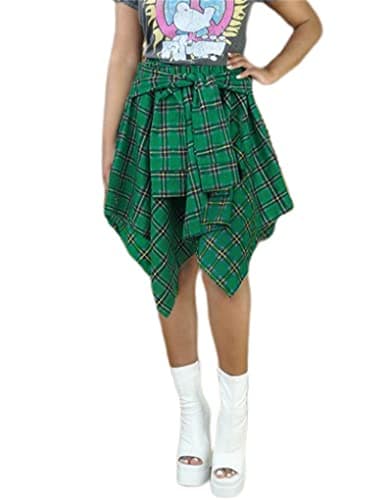 Atyfuniby Women's High Waisted Plaid Mini Skater Skirt with Knot Front — Green