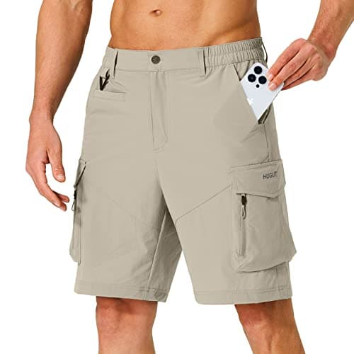 Hugut Men's Quick Dry Hiking Cargo Shorts with Multi Pockets for Travel Golf Camping — Khaki