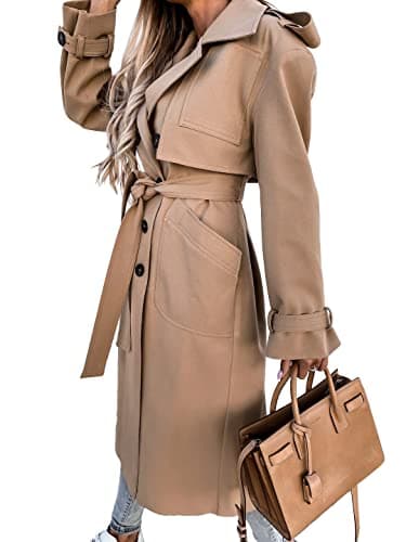 Fisoew Women's Classic Double Breasted Trench Coat with Belt and Pockets