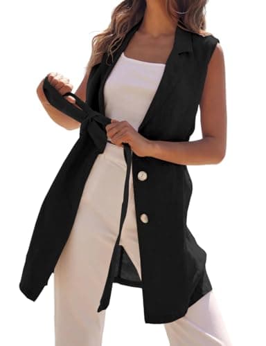 IDEALSANXUN Women's Linen Sleeveless Blazer Casual Jacket with Belt