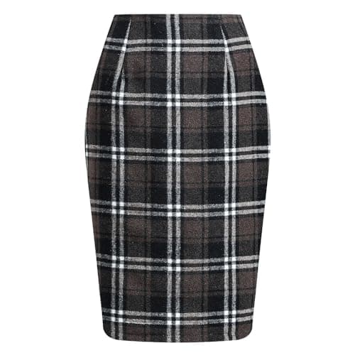 Womens High Waist Plaid Wool Bodycon Mini Skirt Slit — Dark Coffee Grid