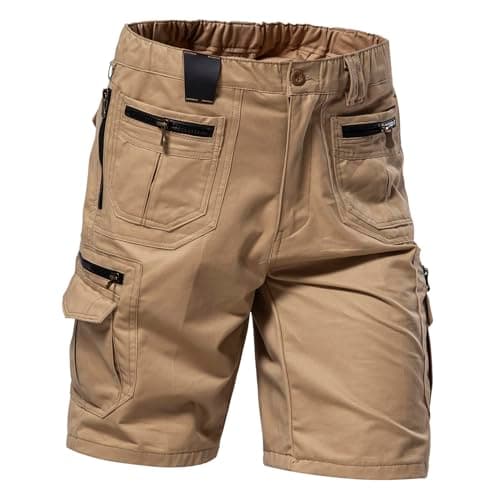 Mylldey Mens Regular Fit Elastic Waist 12 Pockets Cotton Cargo Shorts — Khaki