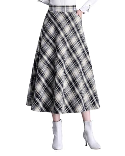 Womens Long Wool Plaid High Waist Flared Skirt Winter Warm — Apricot Color