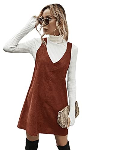 Floerns Women's Casual V-Neck A-Line Corduroy Pinafore Dress — Rust Brown