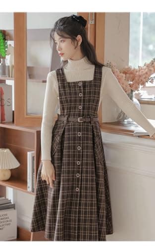 Cuteighteen Wool Midi Plaid Belted Dress with Pocket Fall Winter