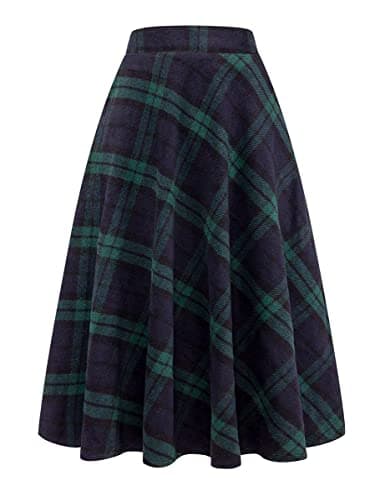 Mywinway Women's Warm Winter Aline High-Waisted Wool Plaid Skirts — Long Green