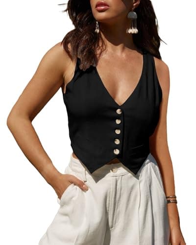 Mina Self Women's Linen V-Neck Tank Top Lightweight Cut-Cropped Casual Beach Vacation Corset Top — Black