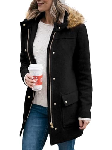 Shanfetl Women's Mid-Length Pea Coats with Faux Fur Hood — Black