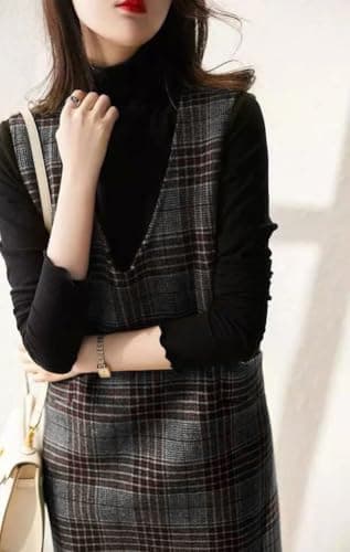 Vintage Women's Plaid Wool Overall Jumper Dress with Pockets