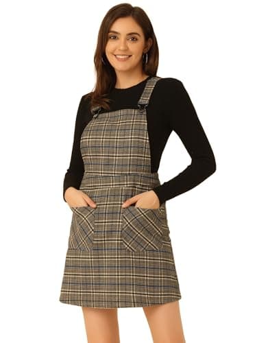 Women's Plaid Overall Dress with Adjustable Straps — Apricot Blues