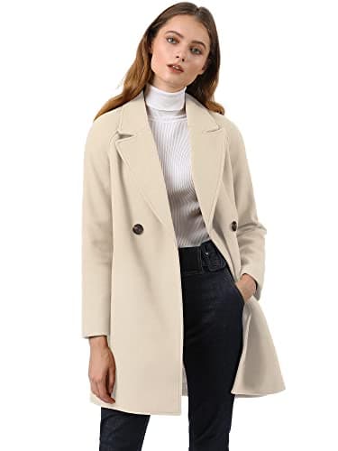 Allegra K Women's Notched Lapel Double Breasted Winter Coats — Cream White