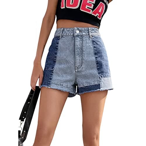 HBER Frayed Hem Patchwork Jean Shorts for Women