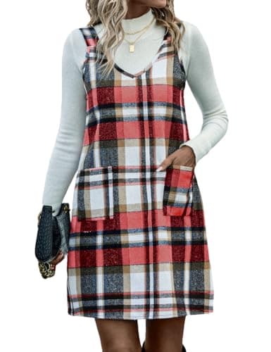 Sleeveless Plaid Overall Dress with Pockets for Women in Fall/Winter — Wine