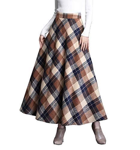 Biilyli Women's Elegant Plaid Wool High-Waisted Maxi Skirt — Khaki
