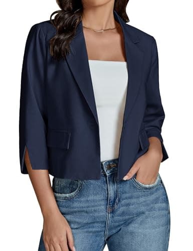 Luvamia Women's Lightweight Cropped Linen Blazer Jackets — Navy Blue