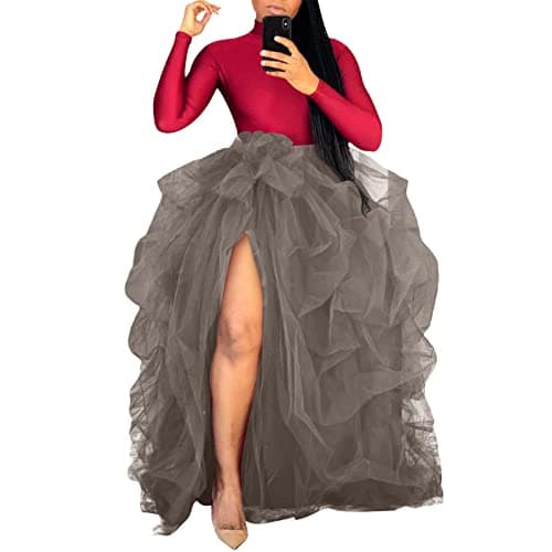 Women's Tulle Maxi Skirt with High Waist and Ruffle - A-Line Floor Length Wedding Skirt — Brown