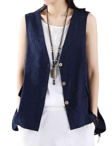 Womens Linen Vest Casual Sleeveless Blazer Jacket — Navy