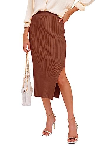 HERBATOMIA Women's High-Waist Casual Pleated Midi Skirt with Pocket — Brown-041