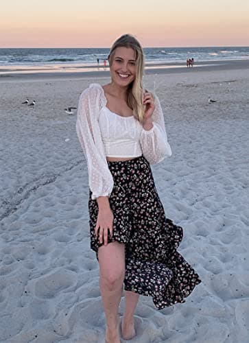 BTFBM Women's 2025 Summer Floral Print Elastic Waist High-Low Boho Maxi Skirt