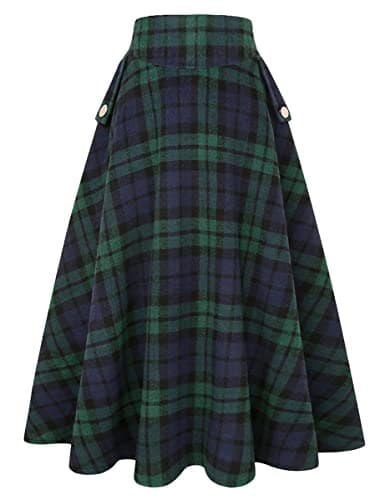 Women's High Waisted Wool Plaid A-line Skirt for Fall/Winter — Plaid Green