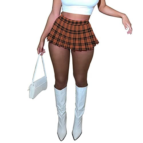 HAOYUAN Women's Mini Pleated Stretchy Skater Skirt — Orange Plaid