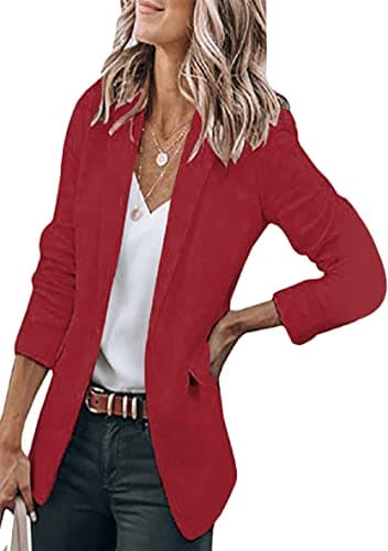 WIWIQS Women's Comfortable Long-Sleeve Open Front Blazer Suit — Wine Red