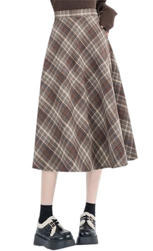 SANGTREE Women's High-Waist Flared Tartan Wool Skirt — 29653# Coffee