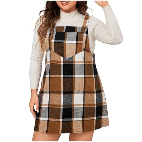 YADEOU Women Plus Size Cute Plaid Pinafore Dress with Pocket — J02-brown