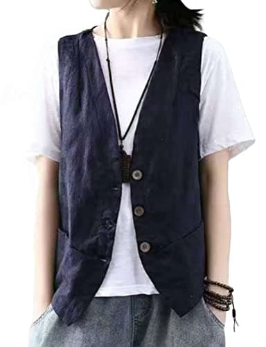 Cotton Linen Women's Sleeveless Vest Fashion Casual Blazers — Dark Blue