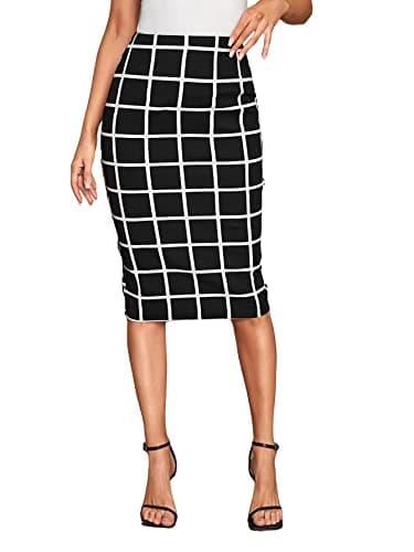 Floerns Women's Plaid Print High-Waisted Knee-Length Bodycon Pencil Skirt — Black Tartan