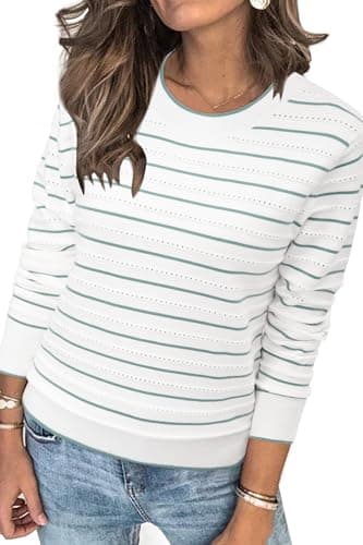 Womens Arach&Cloz Knit Sweater Long Sleeve Casual Spring Outfit Fashion — Striped White Green