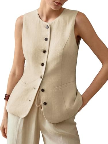 Mina Self 2025 Summer Lightweight Women's Sleeveless Linen Trendy Work Jacket with Pockets — 1-beige