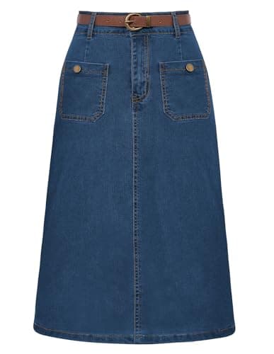 High Waisted Denim Skirt with Belt for Women — Navy Blue