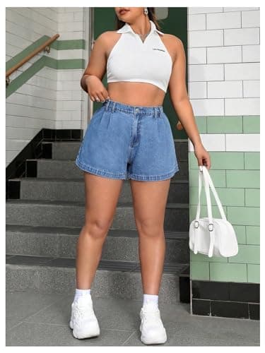 WDIRARA Women's Plus Size High-Waist Pleated Wide Leg Denim Shorts