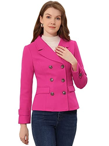 Allegra K Women's Notched Lapel Double Breasted Pea Coat — Hot Pink