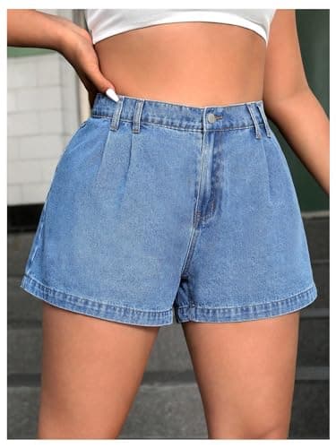 WDIRARA Women's Plus Size High-Waist Pleated Wide Leg Denim Shorts