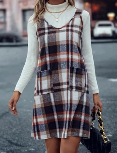 Sleeveless Plaid Overall Dress with Pockets for Women in Fall/Winter