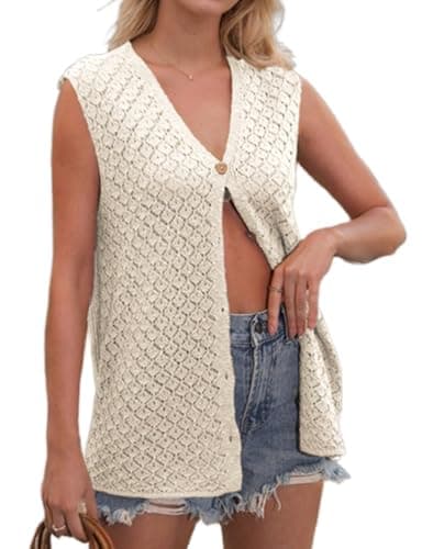 IDEALSANXUN Women's V-Neck Knit Sleeveless Cardigan Vest Casual Cute — Beige