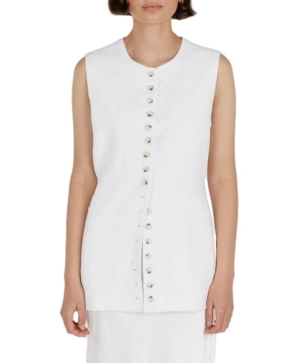 EZAPINE Women's Cotton Linen Summer Vest with Drawstring — White