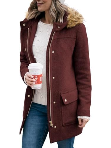 Shanfetl Women's Mid-Length Pea Coats with Faux Fur Hood — Wine Red