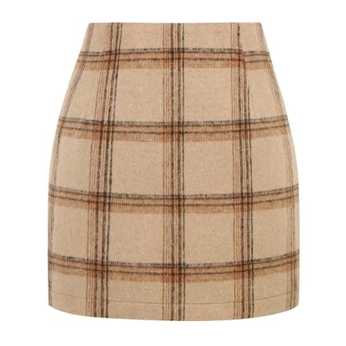 Women's Plaid Wool Mini Skirt for Fall and Winter — Khaki