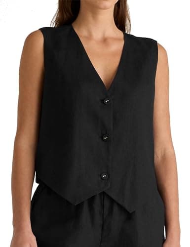 Casual Linen V Neck Button Down Tank Top for Women