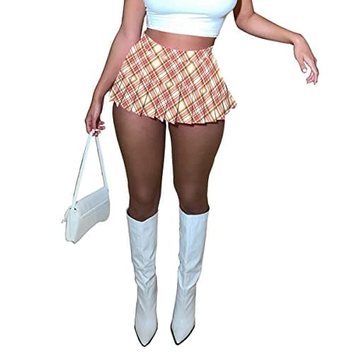 HAOYUAN Women's Mini Pleated Stretchy Skater Skirt — Peach Plaid