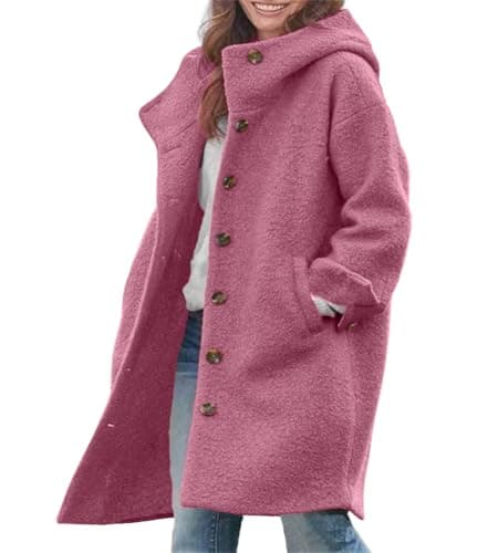 Chouuya Women's Winter Casual Long Wool Coat with Hood — Rose Red