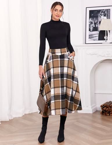 Women's High Waisted Wool Plaid A-line Skirt for Fall/Winter