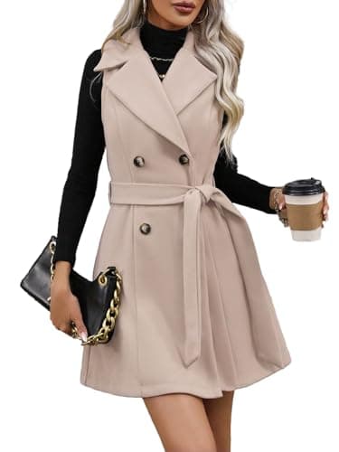 IDEALSANXUN Women's Long Wool Vest Trench Coat Belted Fall Winter Jacket — Beige