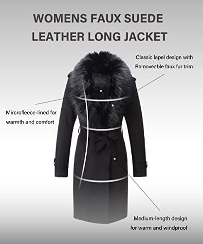 Bellivera Women's Faux Leather Trench Coat with Fleece Lining and Detachable Collar