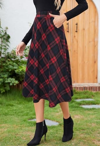 HERBATOMIA Women's High-Waist Casual Pleated Midi Skirt with Pocket